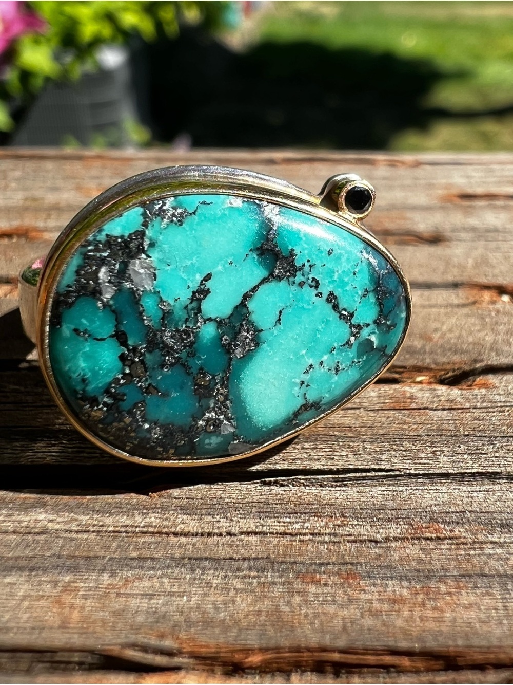 Turquoise Stone Sterling Silver Ring - Teal Blue Green Statement
